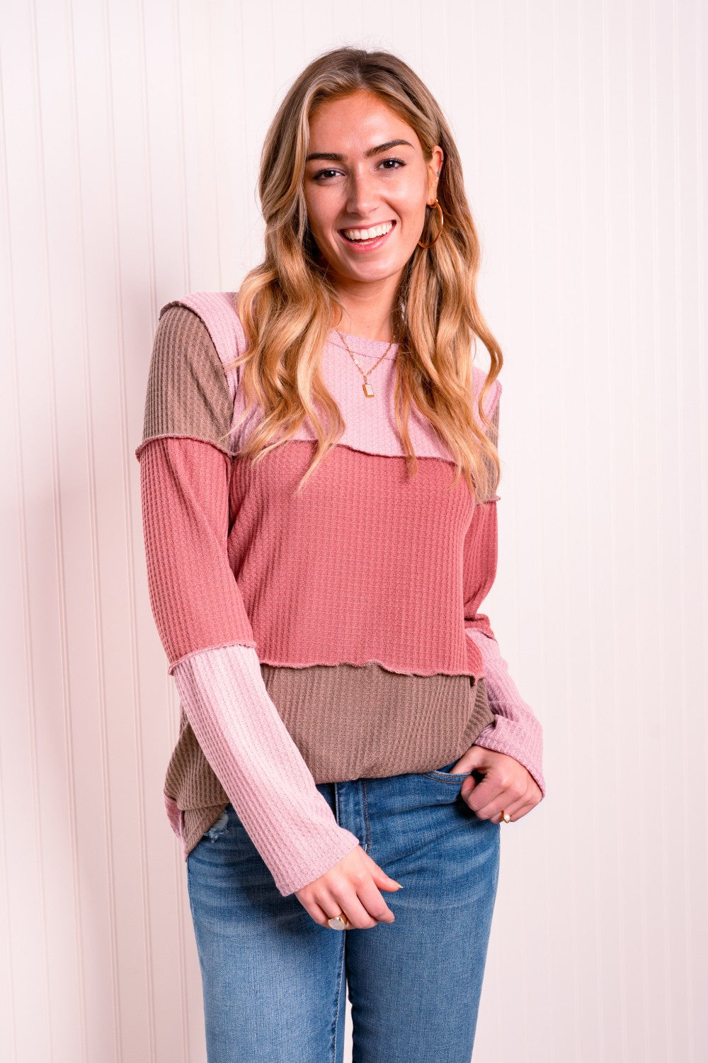 Heimish Color Block Exposed Seam Waffle-Knit Top