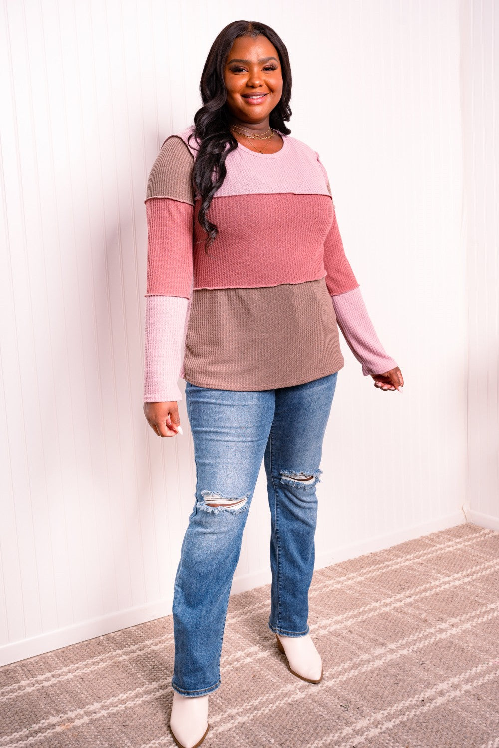 Heimish Color Block Exposed Seam Waffle-Knit Top